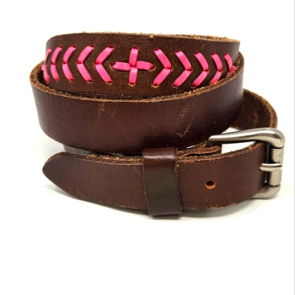 AMERICAN EAGLE BROWN LEATHER BELT HOT PINK EXPOSED STITCHING WOMEN SIZE XS 2010S - Picture 1 of 14